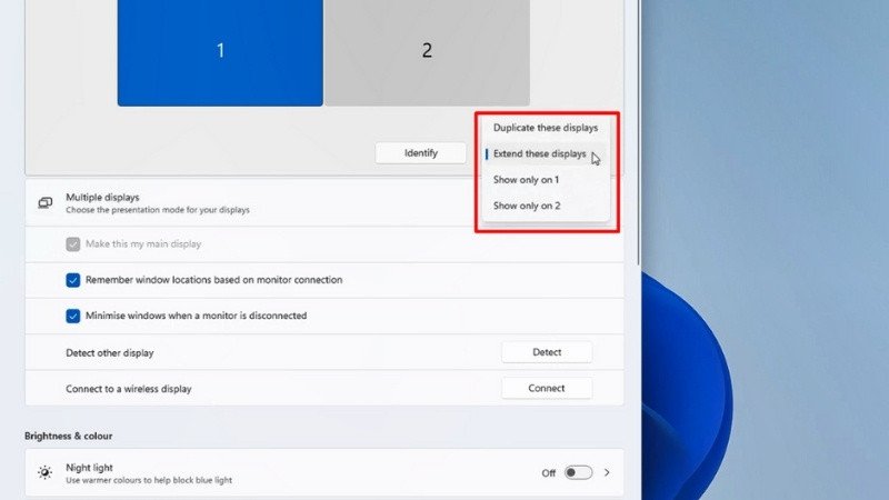 Các tùy chọn trình chiếu đa màn hình trên Windows 11, bao gồm "Extend these displays"