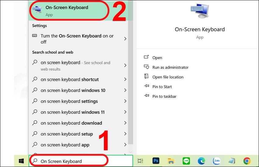 Cách bấm @ trên laptop HP sử dụng tính năng tìm kiếm để mở bàn phím ảo trên Windows