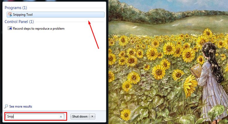 Cách cap màn hình laptop Dell Win 7 nhấn vào biểu tượng giống như hình cái kéo (Snipping Tool)