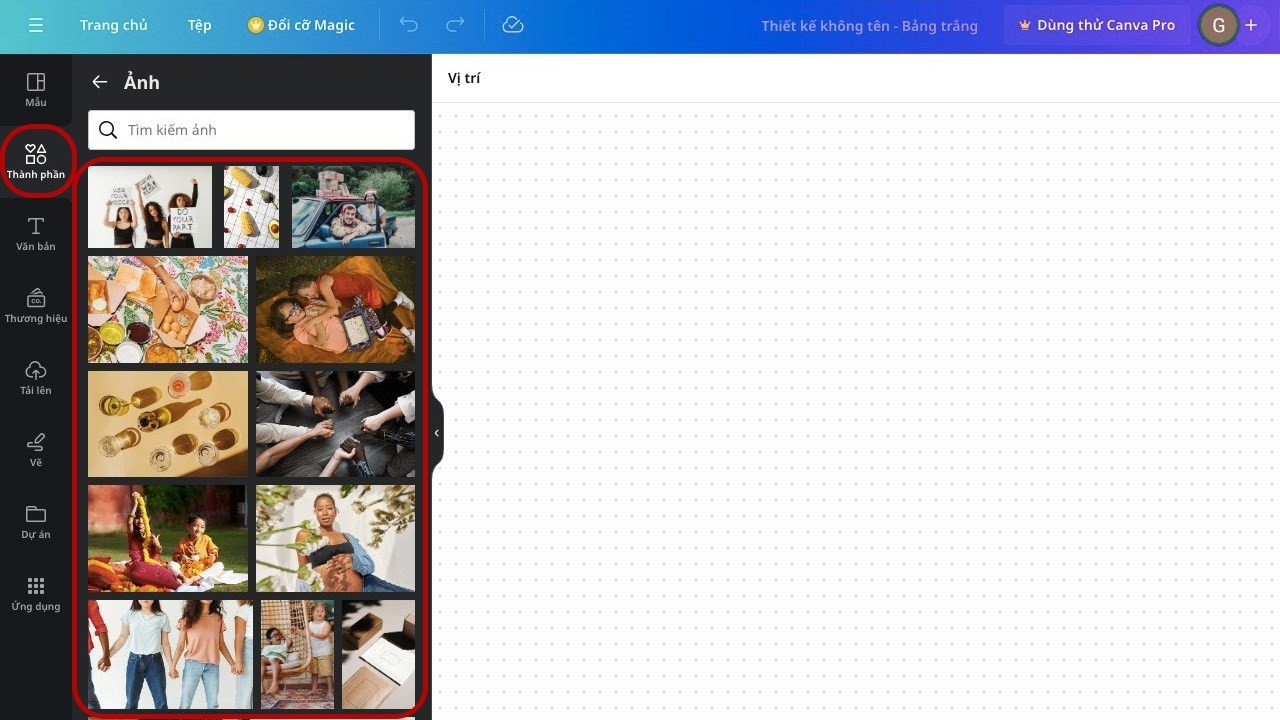 Cách chèn ảnh từ thư viện Canva trên laptop sau khi tìm kiếm