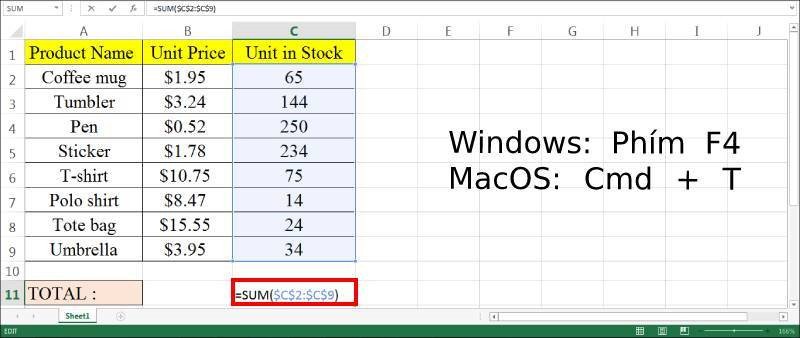 Cách cố định ô trong Excel trên laptop bằng F4