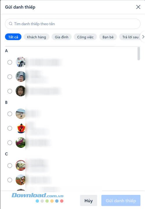 Cách gửi danh thiếp nhanh chóng qua Zalo trên máy tính