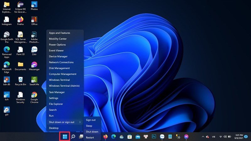 cách tắt laptop windows 11 chuột phải