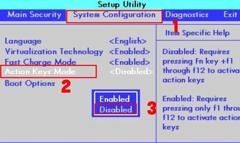 Cài đặt Action Keys Mode Disabled trong BIOS HP