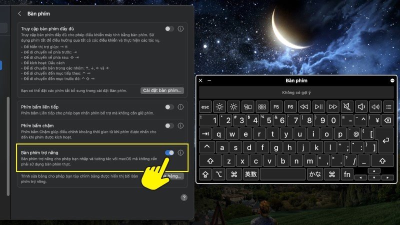 Cài đặt bàn phím trợ năng trong System Settings để mở bàn phím trên laptop Mac