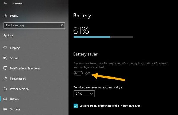 cài đặt Battery saver hiển thị thời gian sạc đầy pin laptop Dell, quản lý pin laptop