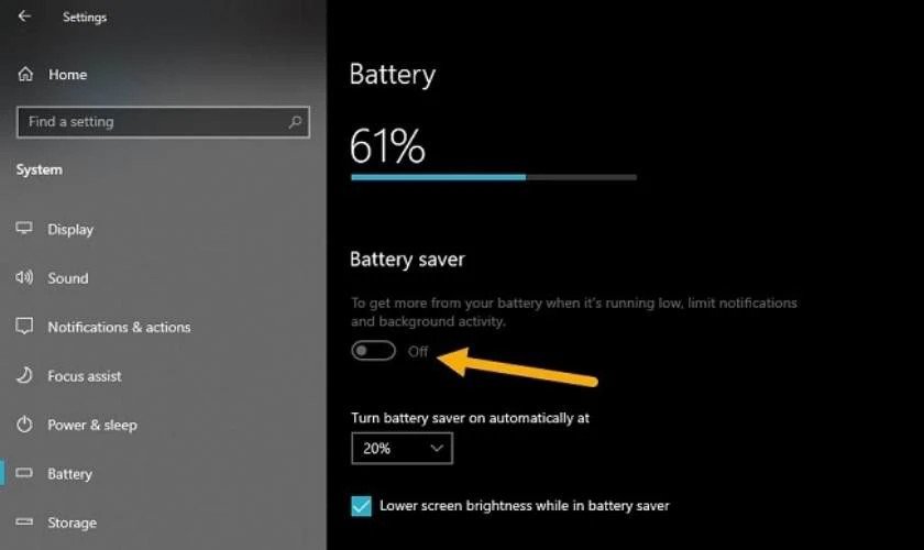 Cài đặt Battery saver trên Windows, cung cấp thông tin chi tiết về sức khỏe pin laptop và thời gian sạc còn lại, hỗ trợ quản lý việc sạc laptop Dell qua đêm có sao không.