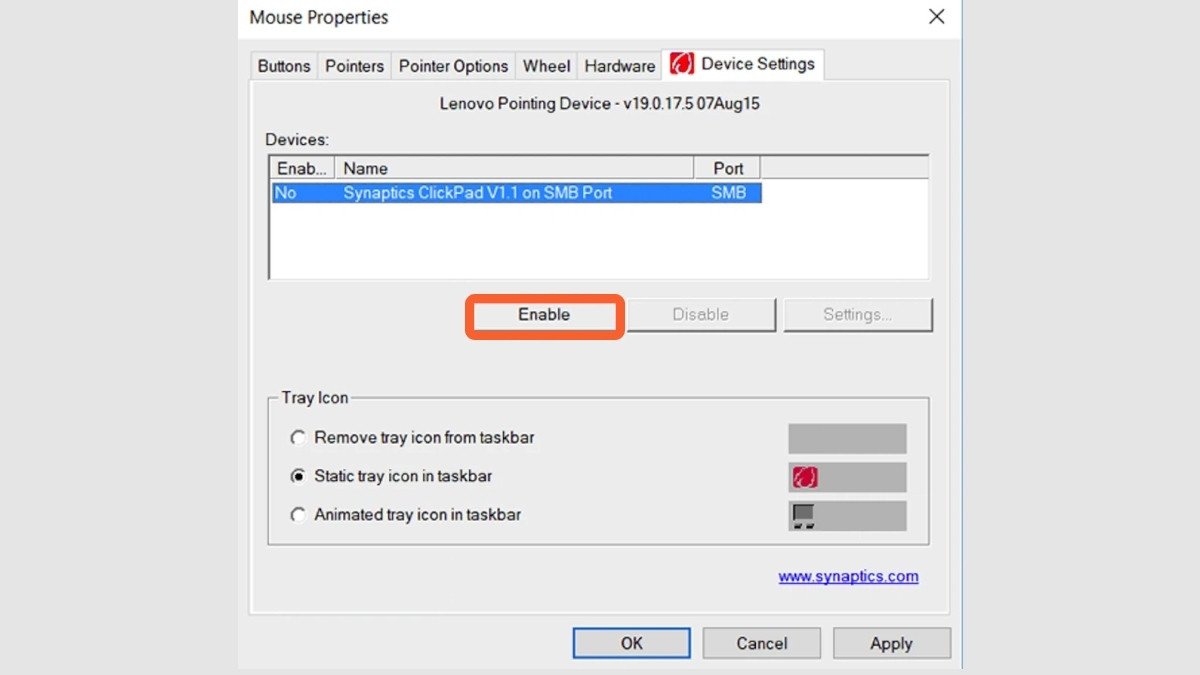 Cài đặt chuột (Mouse Properties) trên Windows 7, hiển thị tab Device Settings để kích hoạt touchpad