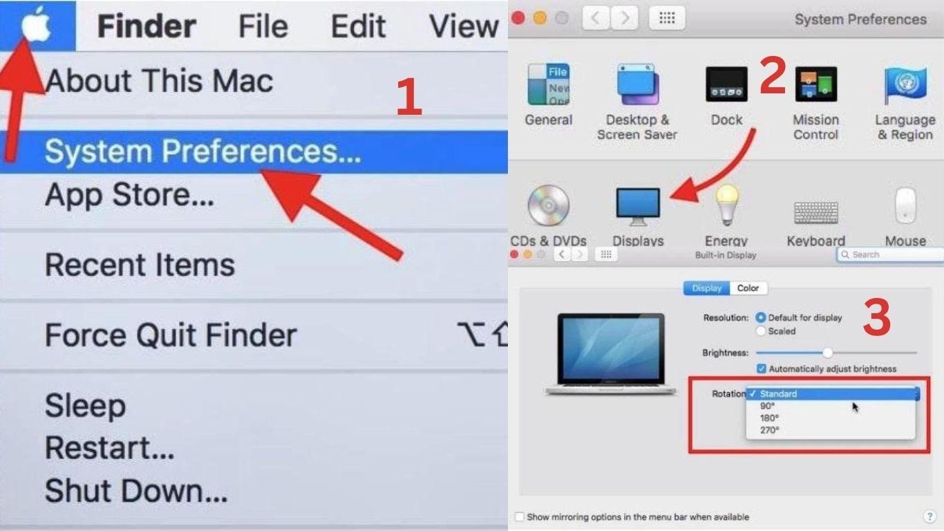 Cài đặt Display trên Macbook với tùy chọn Rotation để chỉnh hướng hiển thị