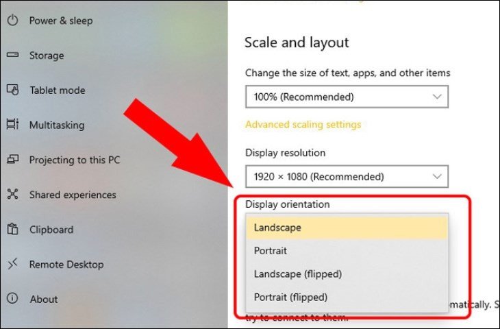 Cài đặt Display trên Windows 10 với các tùy chọn xoay màn hình như Landscape, Portrait, Landscape (flipped)