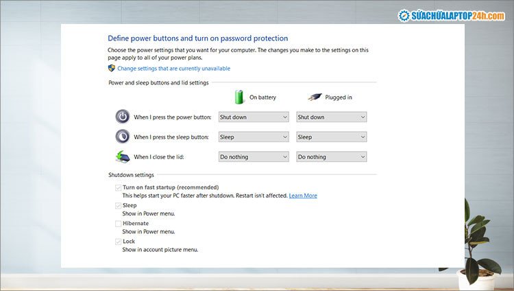 Cài đặt "Do nothing" cho cả On battery và Plugged in để gập laptop không tắt máy