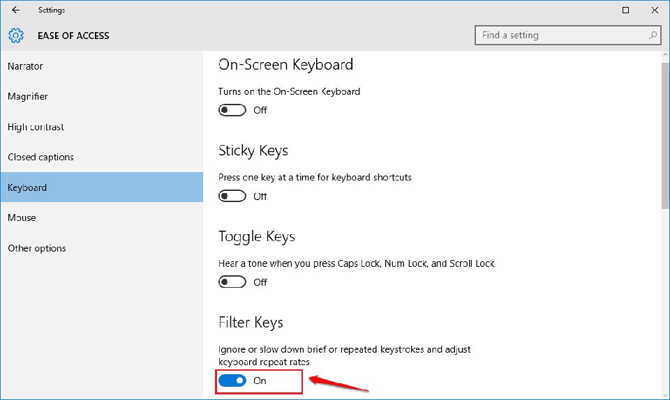 Cài đặt Filter Keys trong Ease of Access để khắc phục bàn phím laptop bị khoá