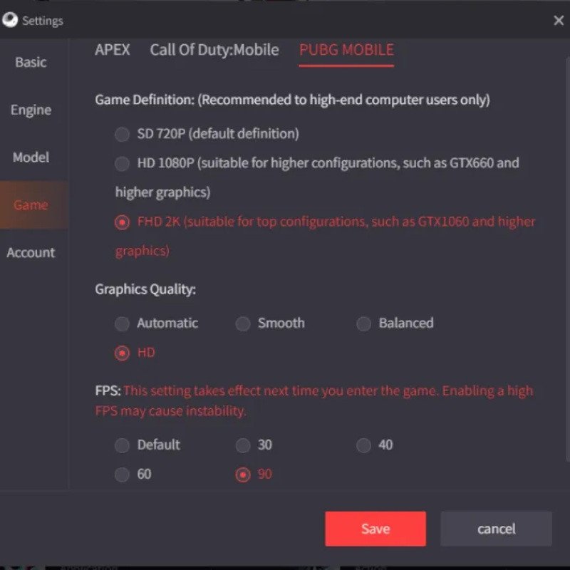 Cài đặt Gaming Resolution trong tab Game của GameLoop