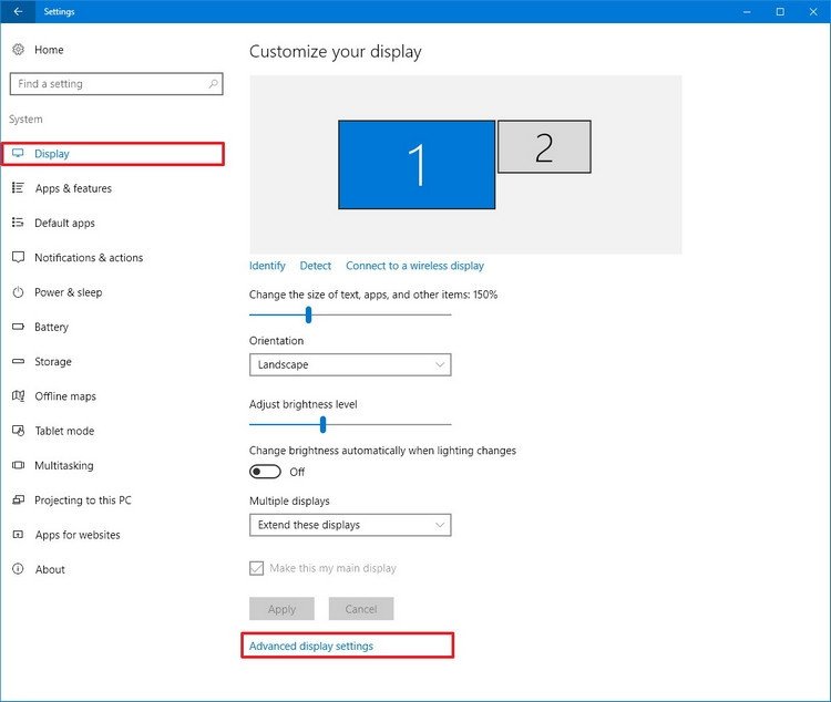 Cài đặt hiển thị hệ thống trong Windows 10