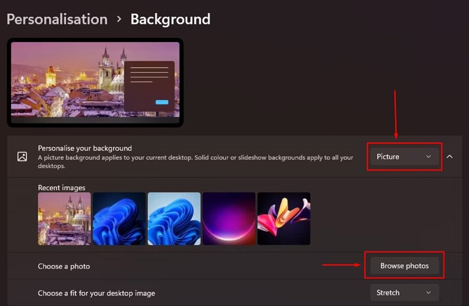 Cài đặt hình nền laptop Win 11 qua mục Background trong Settings.