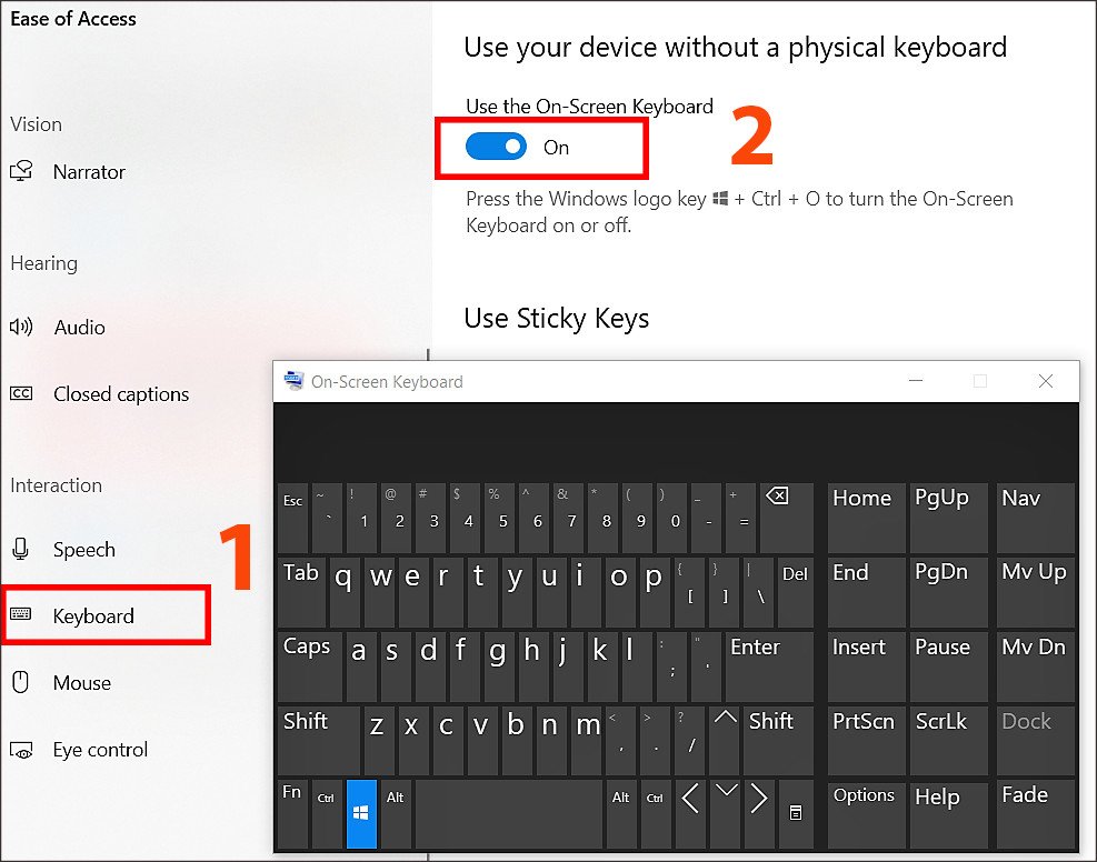 Cài đặt Keyboard trong Ease of Access để bật bàn phím ảo trên laptop