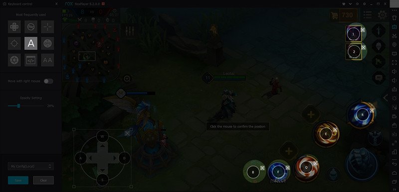 Cài đặt phím tắt tùy chỉnh trong NoxPlayer cho các kỹ năng của tướng khi chơi Liên Quân trên laptop.