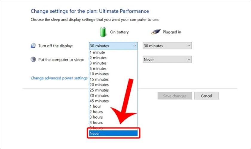 Cài đặt Power Options với chế độ "On Battery" được đặt thành Never, một bước quan trọng để chuẩn bị cho việc xả pin laptop, nhằm tối ưu cách sạc pin laptop Dell đúng và bảo vệ tuổi thọ pin laptop.