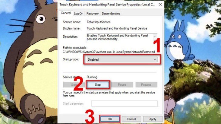 Cài đặt Startup type thành Disable và Stop dịch vụ