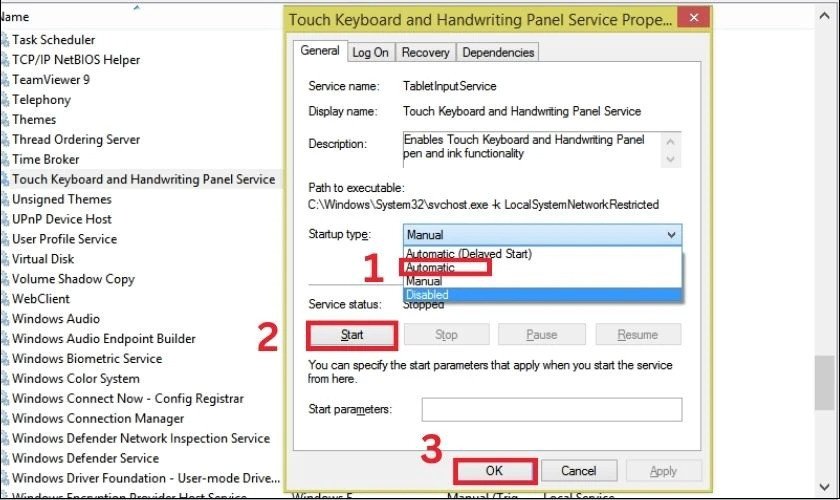 Cài đặt Startup type và trạng thái dịch vụ cho touchpad Dell