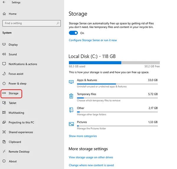 Cài đặt Storage Sense chi tiết việc sử dụng không gian lưu trữ trên Win 10