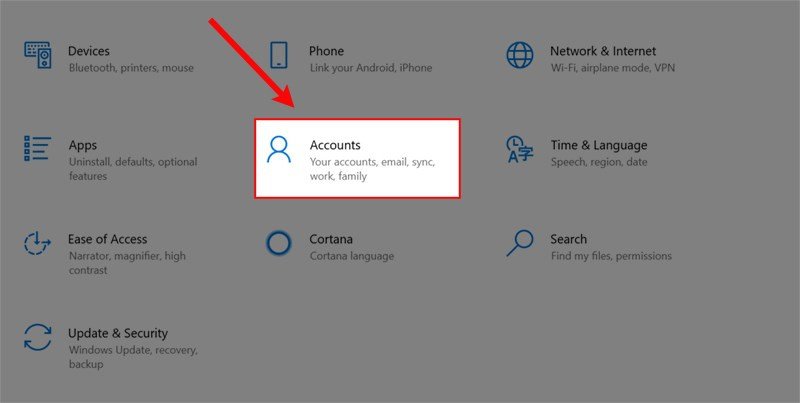 Cài đặt tài khoản trong cửa sổ Settings