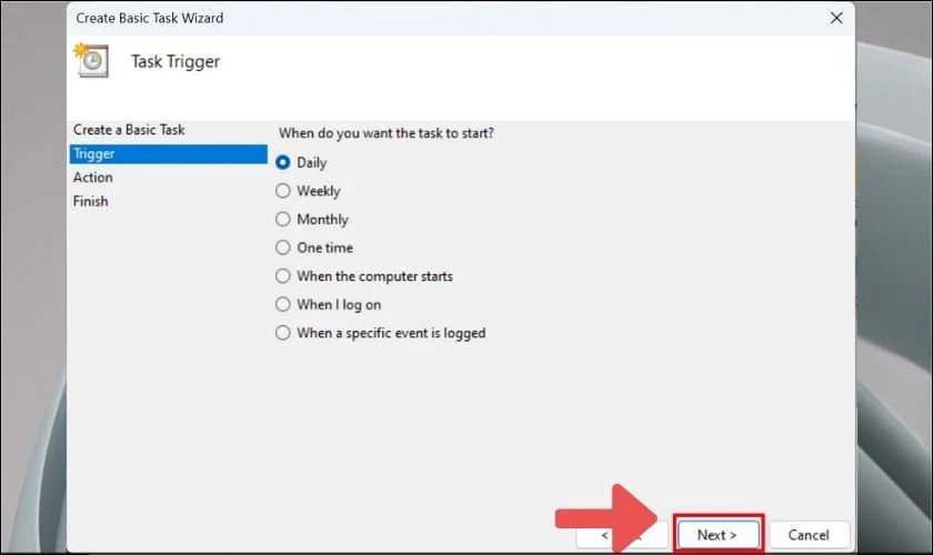 Cài đặt tần suất lặp lại cho tác vụ hẹn giờ tắt laptop Win 10
