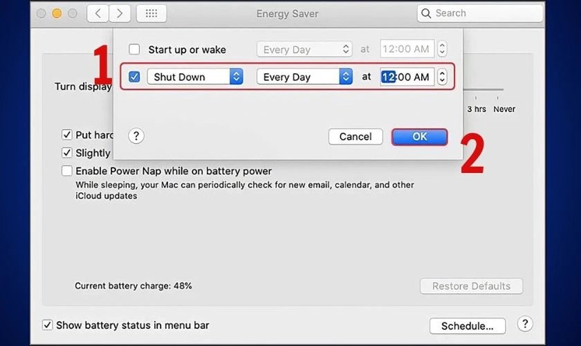 Cài đặt thời gian tự động tắt máy MacBook và xác nhận