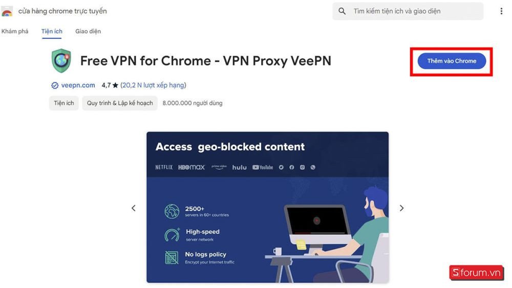 Cài đặt tiện ích Free VPN for Chrome