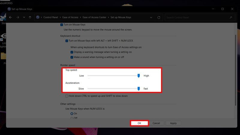 Cài đặt tốc độ và gia tốc cho con trỏ chuột khi dùng Mouse Keys