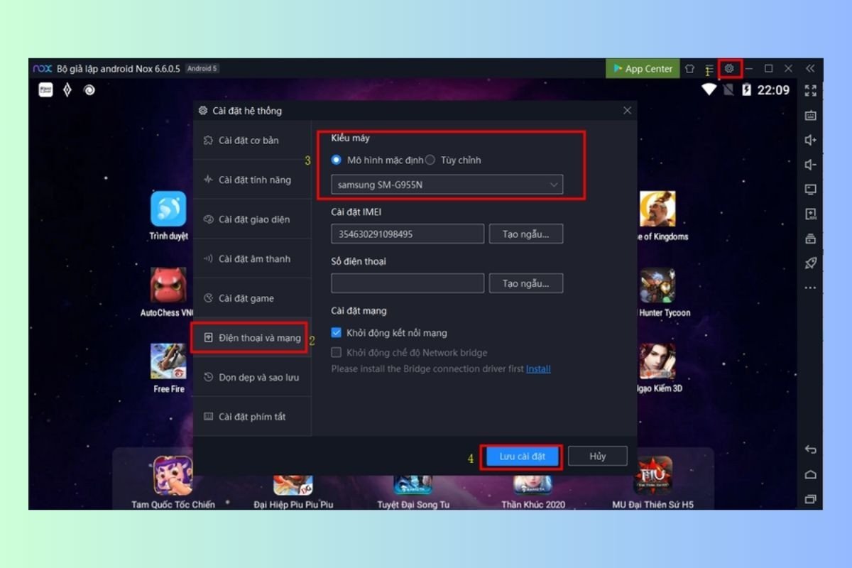 Cài đặt tối ưu hóa hiệu suất của phần mềm giả lập, bao gồm phân bổ RAM và CPU, giúp giả lập chạy mượt mà trên laptop