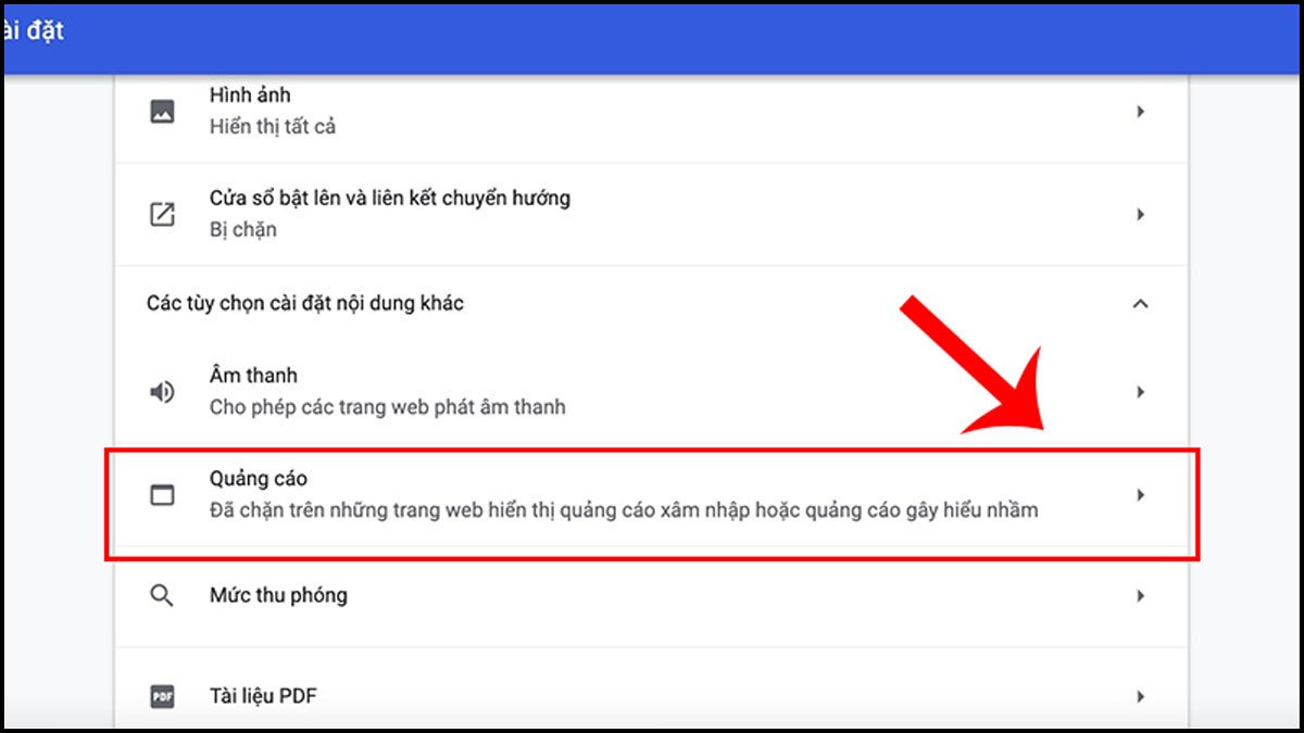 Cài đặt trình duyệt Chrome với các tùy chọn cho phép hoặc chặn cửa sổ bật lên và quảng cáo, hướng dẫn tắt trình chặn