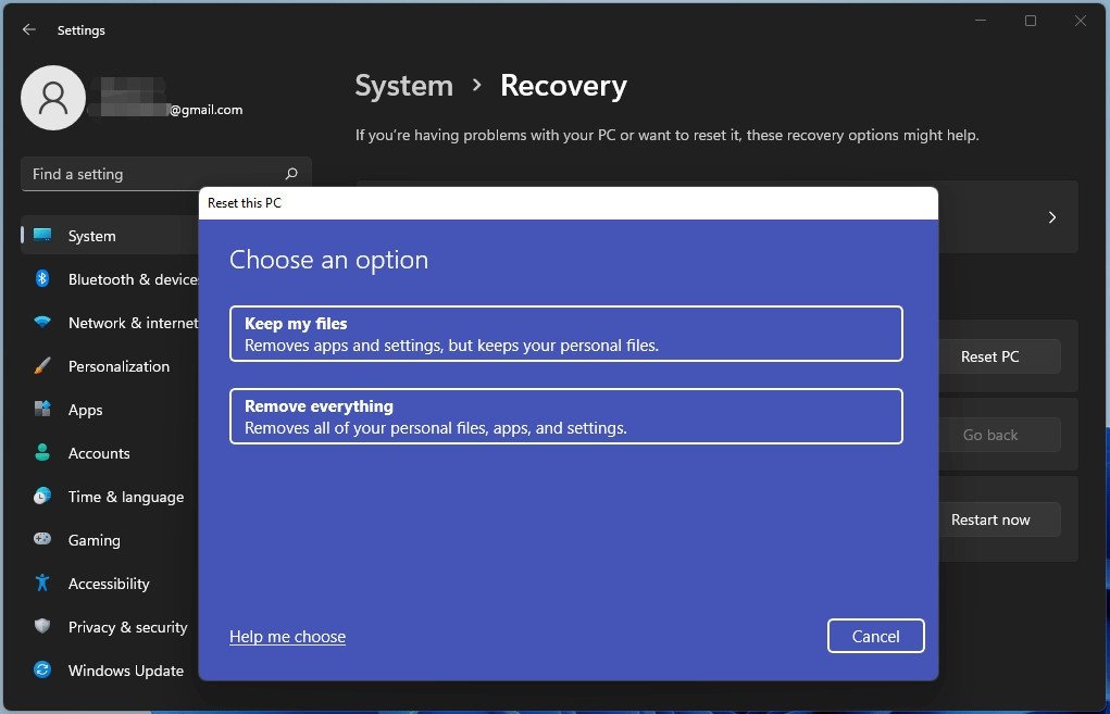 Cài lại Windows 11 qua tính năng Reset PC