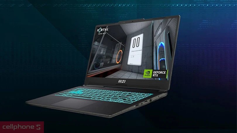 Cận cảnh Laptop MSI Cyborg 15 A12UCX-281VN đang chạy tác vụ đồ họa, làm nổi bật card đồ họa RTX 2050