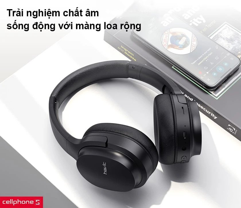 Cận cảnh phần chụp tai của tai nghe Havit I62, cho thấy màng loa và đệm tai êm ái, tối ưu trải nghiệm âm thanh.