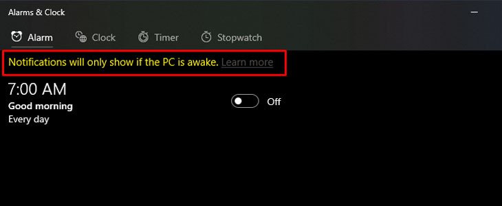Cảnh báo về trạng thái ngủ của laptop ảnh hưởng đến chức năng báo thức