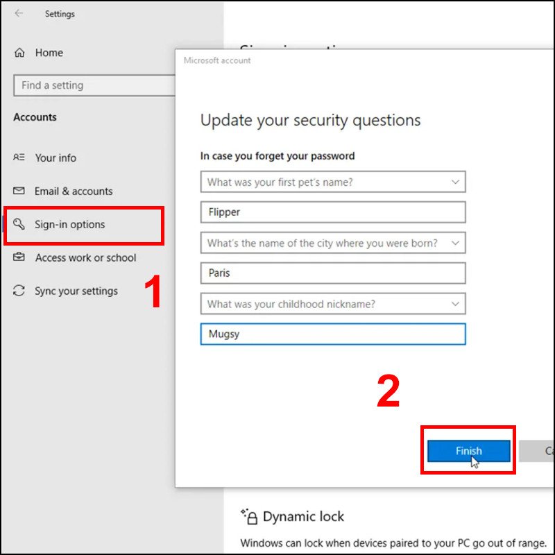 Cập nhật câu hỏi bảo mật để khôi phục mật khẩu