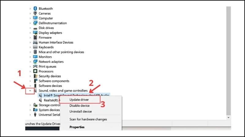 Cập nhật driver âm thanh qua Device Manager để sửa lỗi mất tiếng