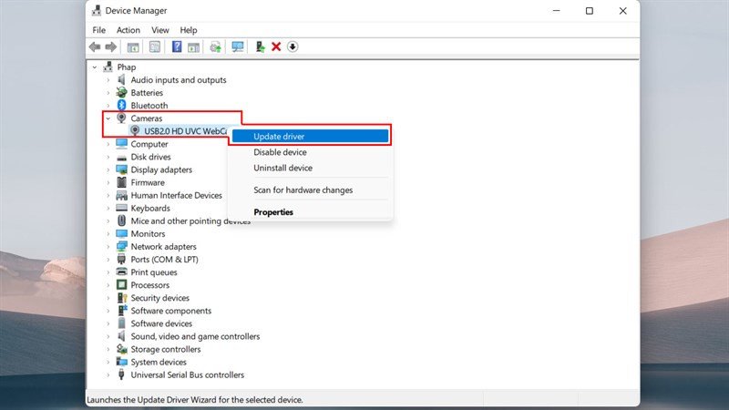 Cập nhật driver camera trong Device Manager