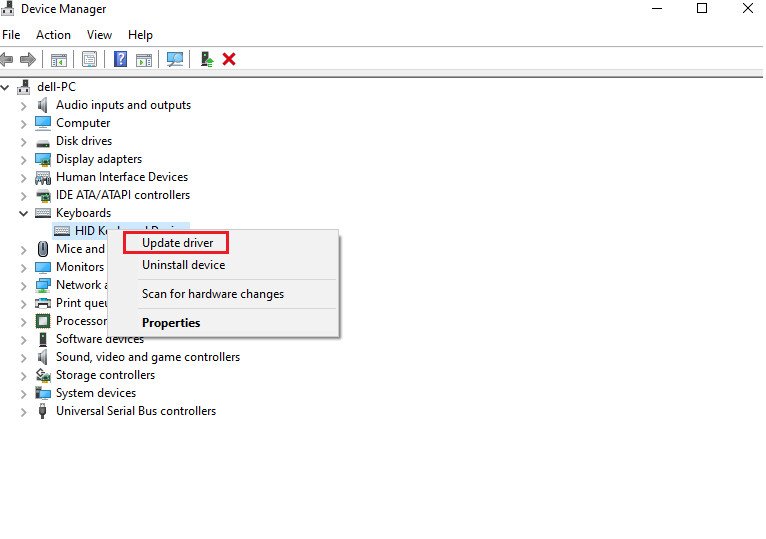 Cập nhật driver cho bàn phím trong Device Manager giúp khắc phục lỗi bàn phím laptop không gõ được