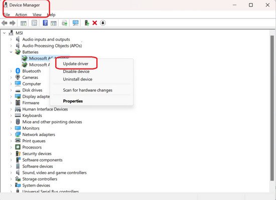 Cập nhật driver pin laptop để xử lý vấn đề sạc không đầy trên hệ điều hành Win 11