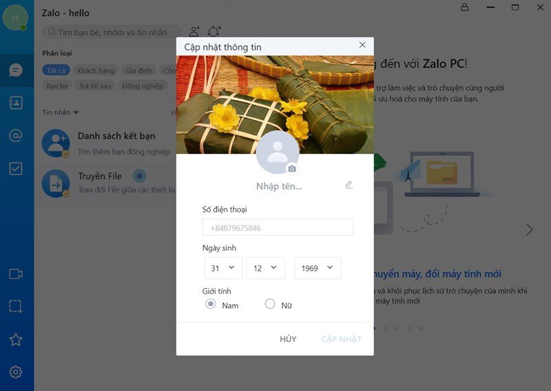 Cập nhật thông tin cho tài khoản Zalo mới trên máy tính