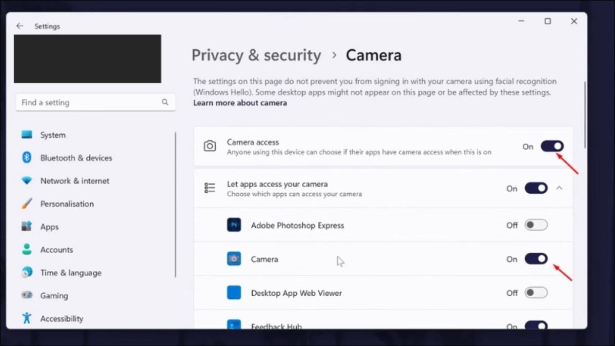 Cấp quyền truy cập camera trong cài đặt riêng tư trên Windows 11