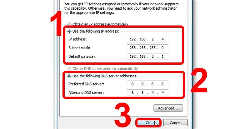 Cấu hình IP tĩnh và DNS thủ công để giải quyết vấn đề laptop mất mạng