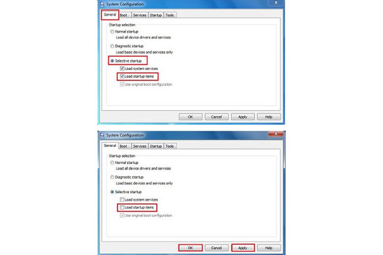 Cấu hình khởi động chọn lọc để vô hiệu hóa **ứng dụng chạy ngầm trên laptop** Windows 7