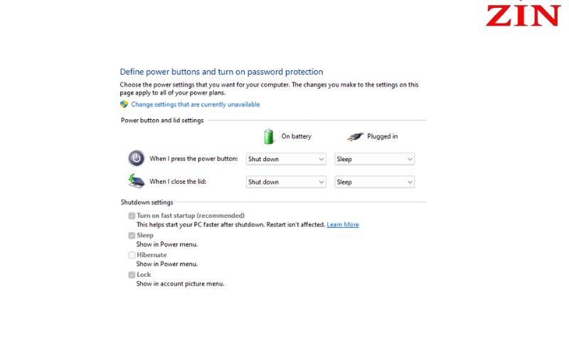 Cấu hình nút nguồn thành Shutdown cho cả chế độ pin và cắm sạc khi laptop bị đơ