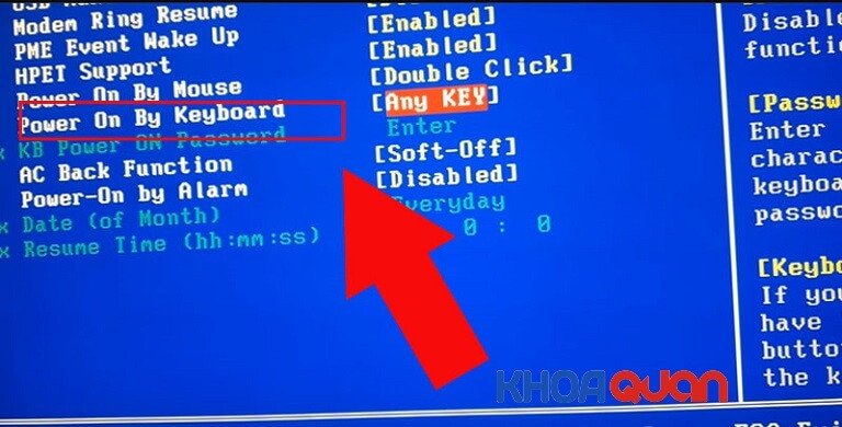Cấu hình Power on by keyboard để khởi động laptop không cần nút nguồn.