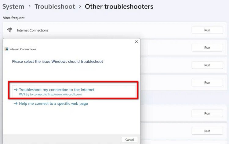 Chạy trình khắc phục sự cố kết nối Internet để sửa lỗi mất biểu tượng wifi win 11