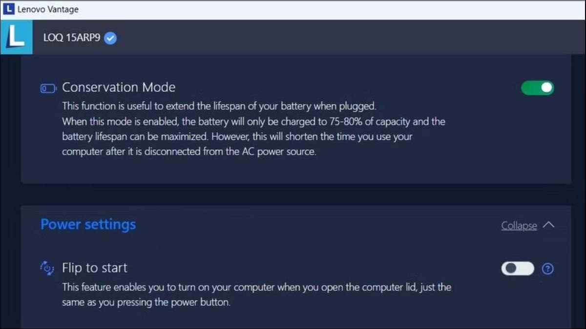 Chế độ Conservation mode giúp giới hạn sạc pin laptop Lenovo