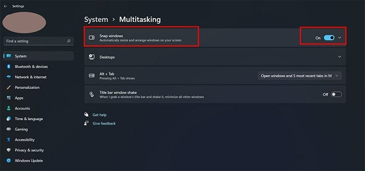 Chi tiết cài đặt Multitasking trong Windows 11, với công tắc Snap windows đang được bật